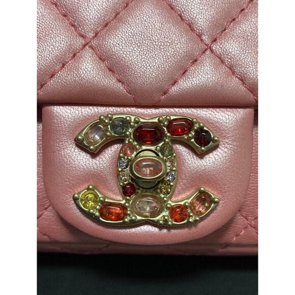 RARE Authentic CHANEL Lambskin Quilted Precious Jewel Mini Flap Bag Pink - Picture 10 of 16